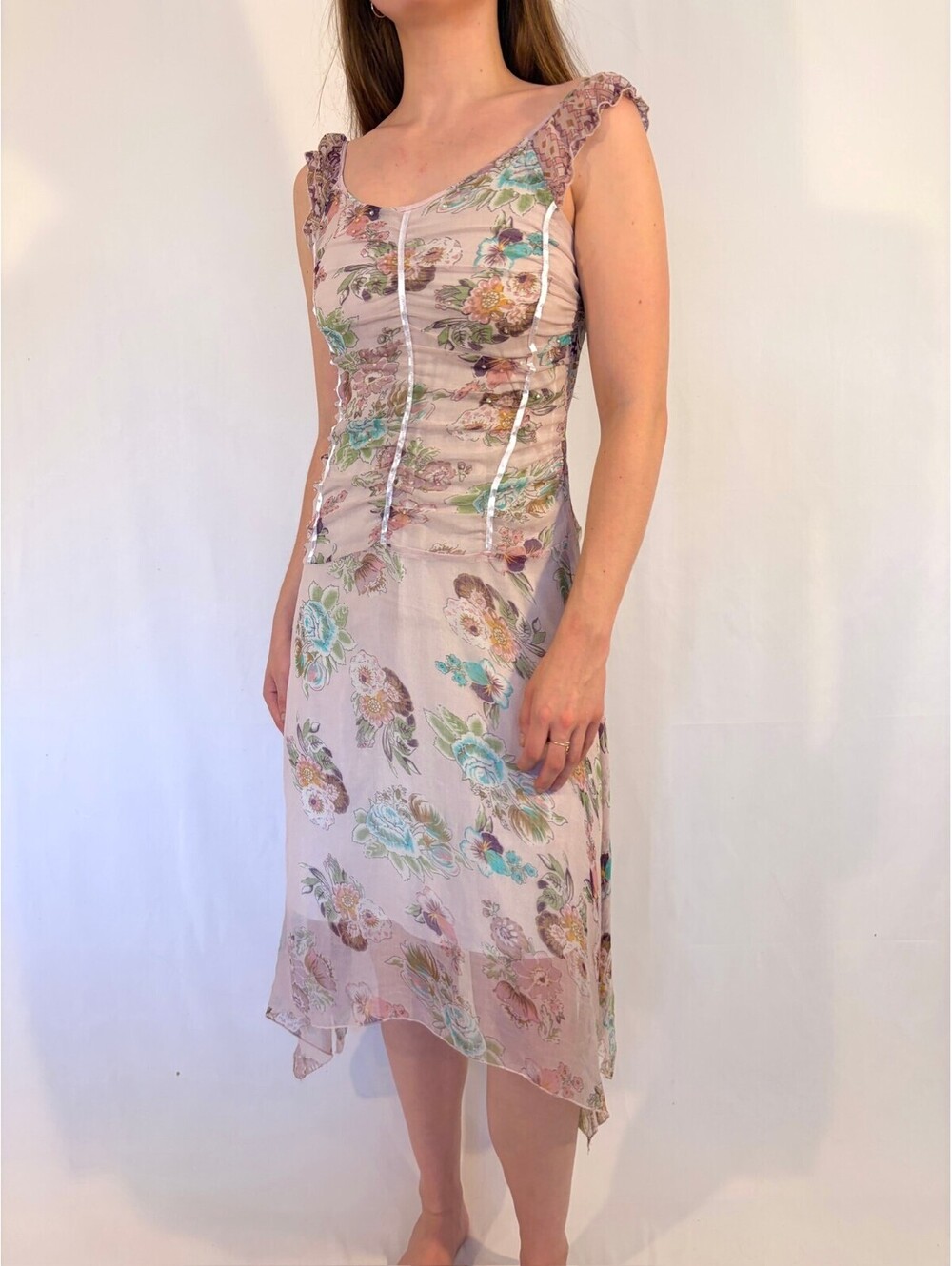 Y2K Mischief Fairy Floral Sequin Bustier Ruffle Mesh Overlay Dress